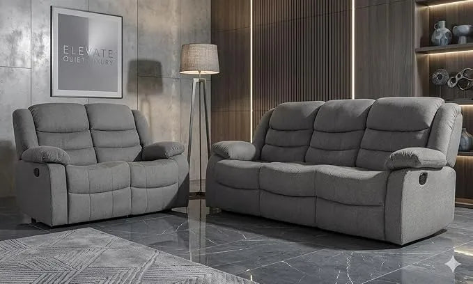 MNS Roma Fabric Reclining Sofa, Grey Fabric, 3+2 Seater with Cup Holders
