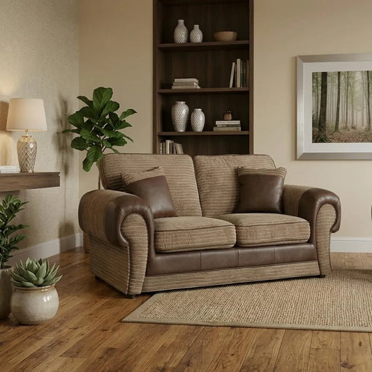 Tango 3+2 Seater Sofa Set – Jumbo Cord Fabric with Leather Detail  Grey & Brown