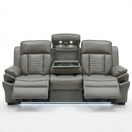 Savilla Electric Leather Recliner Sofa Set – 3+2 Seater with Cup Holders, USB & Type-C Charging Ports, LED Lighting & Wireless Charging, Black & Grey