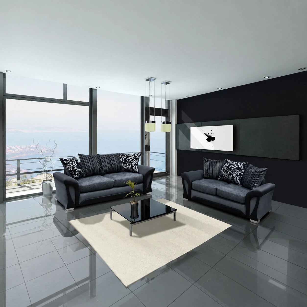 Shannon Fabric 3 + 2 Seaters Luxuries Sofa in Black & Grey