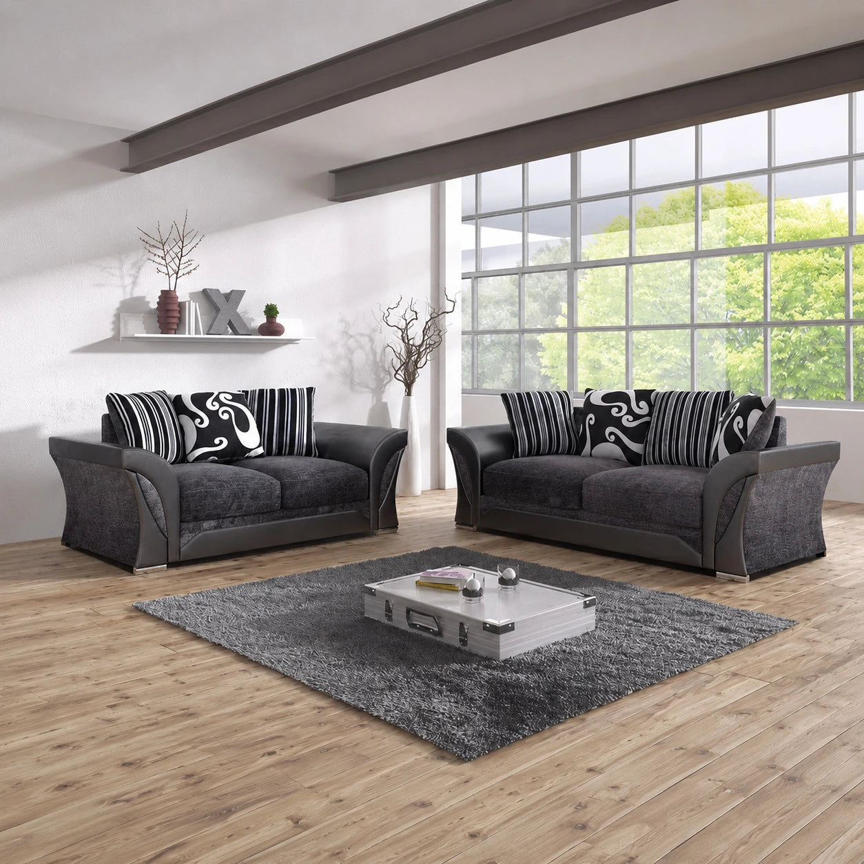 Shannon Fabric 3 + 2 Seaters Luxuries Sofa in Black & Grey