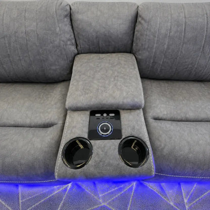 Grey corner sofa with stainless steel cup holders and centre storage console