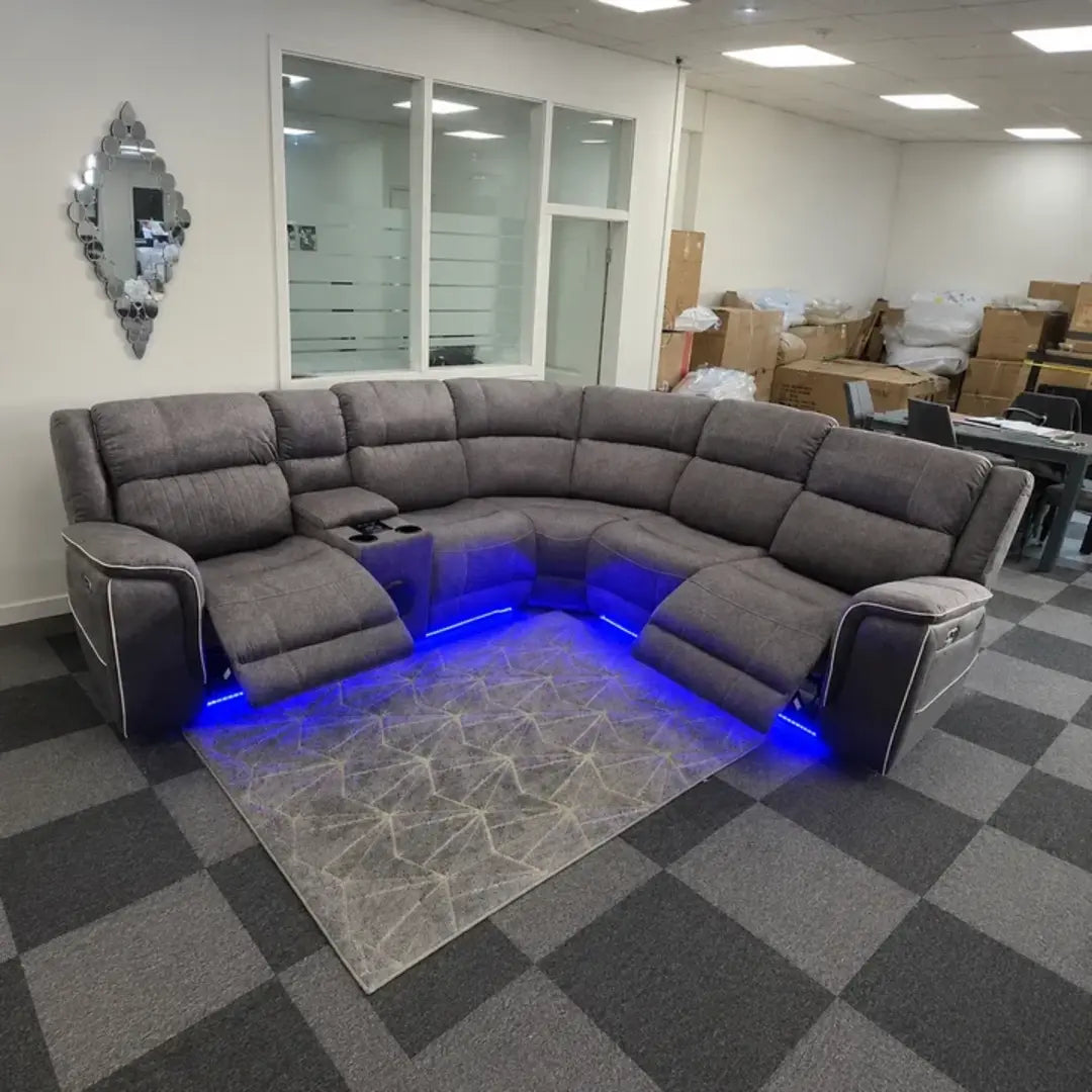 Five seater grey corner sofa with dual electric reclining seats