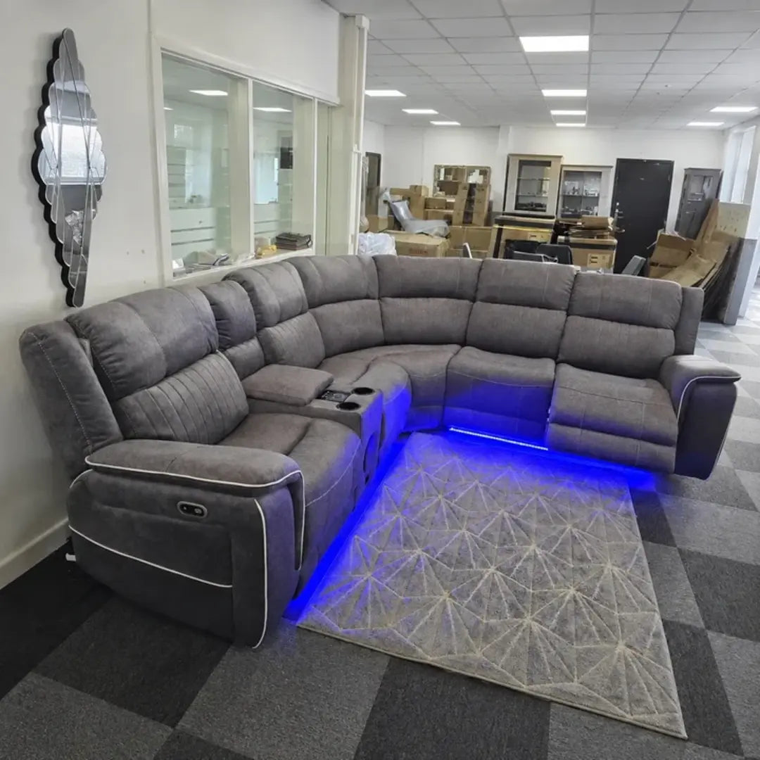 Grey microfibre electric recliner corner sofa with Bluetooth speakers and USB charging