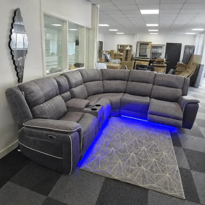 Grey microfibre electric recliner corner sofa with Bluetooth speakers and USB charging