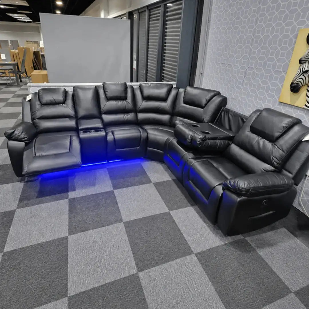 Grey leather electric recliner corner sofa, 5 seater, 270cm x 235cm
