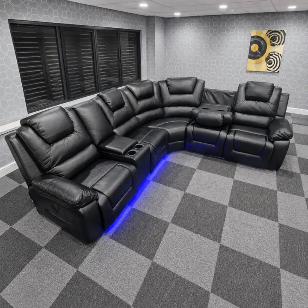 Grey leather corner sofa with cup holder console and USB charging ports