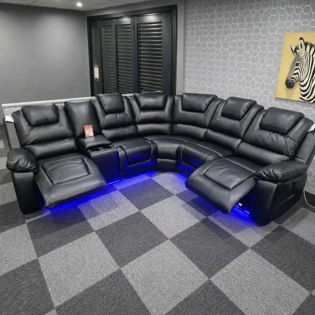 Oxford grey leather electric recliner corner sofa with blue LED lighting