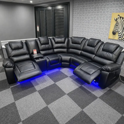 Oxford grey leather electric recliner corner sofa with blue LED lighting