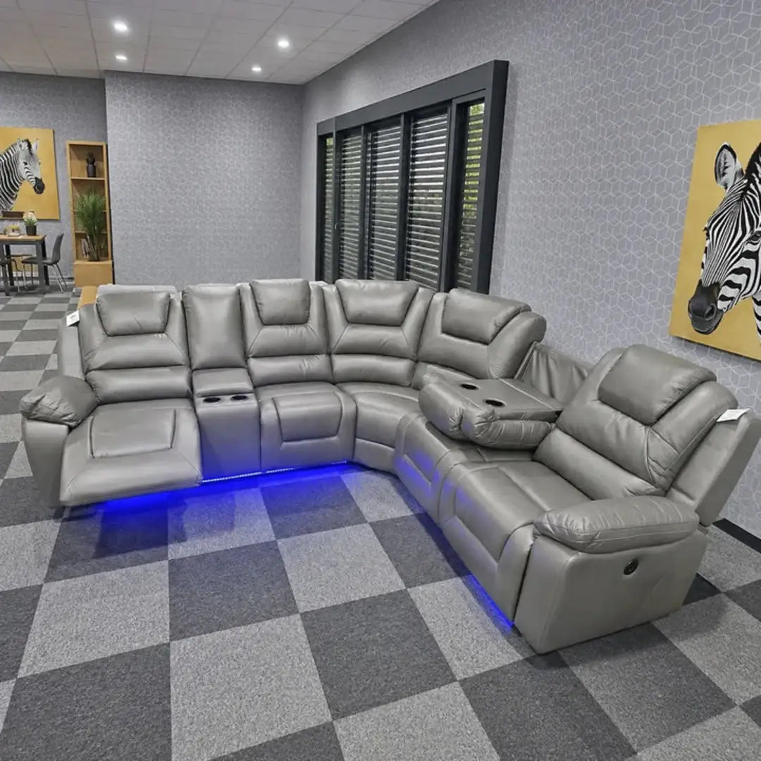 Five seater grey leather corner sofa with electric reclining seats