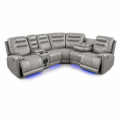 Halifax Leather Corner Sofa with Electric Recliners, LED Lights & Cupholders – Power Recliner with USB Charging Ports – Modern Black Living Room Sofa