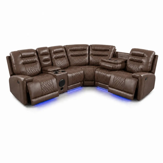 Halifax Leather Corner Sofa with Electric Recliners, LED Lights & Cupholders – Power Recliner with USB Charging Ports – Modern Black Living Room Sofa