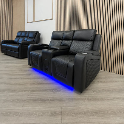 Florida Leather Electric Recliner Sofa Set with Cupholders, LED Lights, Wireless Charging, Bluetooth Speakers, and USB Ports