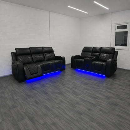 Florida Leather Electric Recliner Sofa Set with Cupholders, LED Lights, Wireless Charging, Bluetooth Speakers, and USB Ports