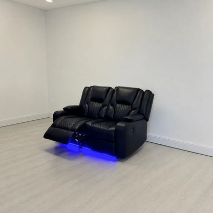 MNS Electric Recliner Orlando 3+2 Sofa Set in Black Aire Leather USB Cup Holder LED