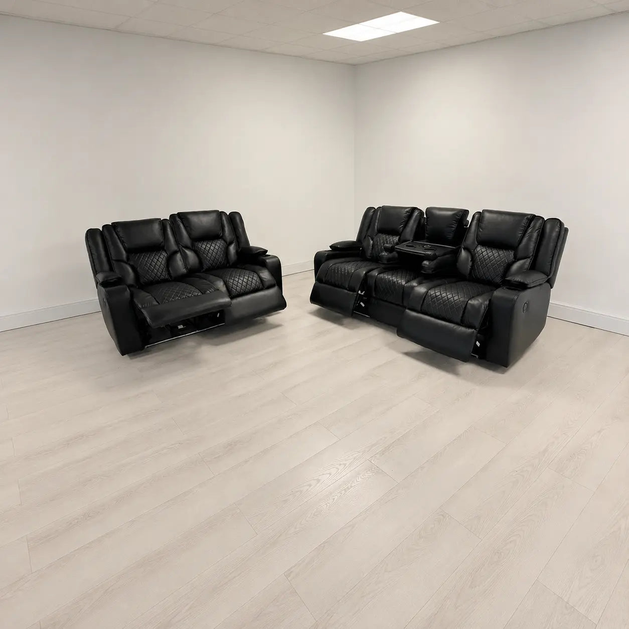 MNS Electric Recliner Orlando 3+2 Sofa Set in Black Aire Leather USB Cup Holder LED