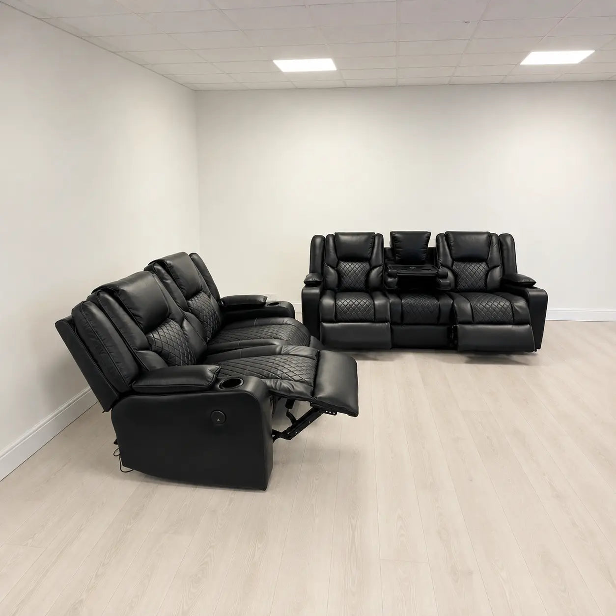 MNS Electric Recliner Orlando 3+2 Sofa Set in Black Aire Leather USB Cup Holder LED