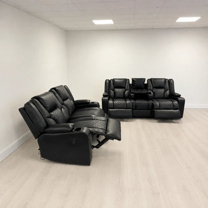 MNS Electric Recliner Orlando 3+2 Sofa Set in Black Aire Leather USB Cup Holder LED