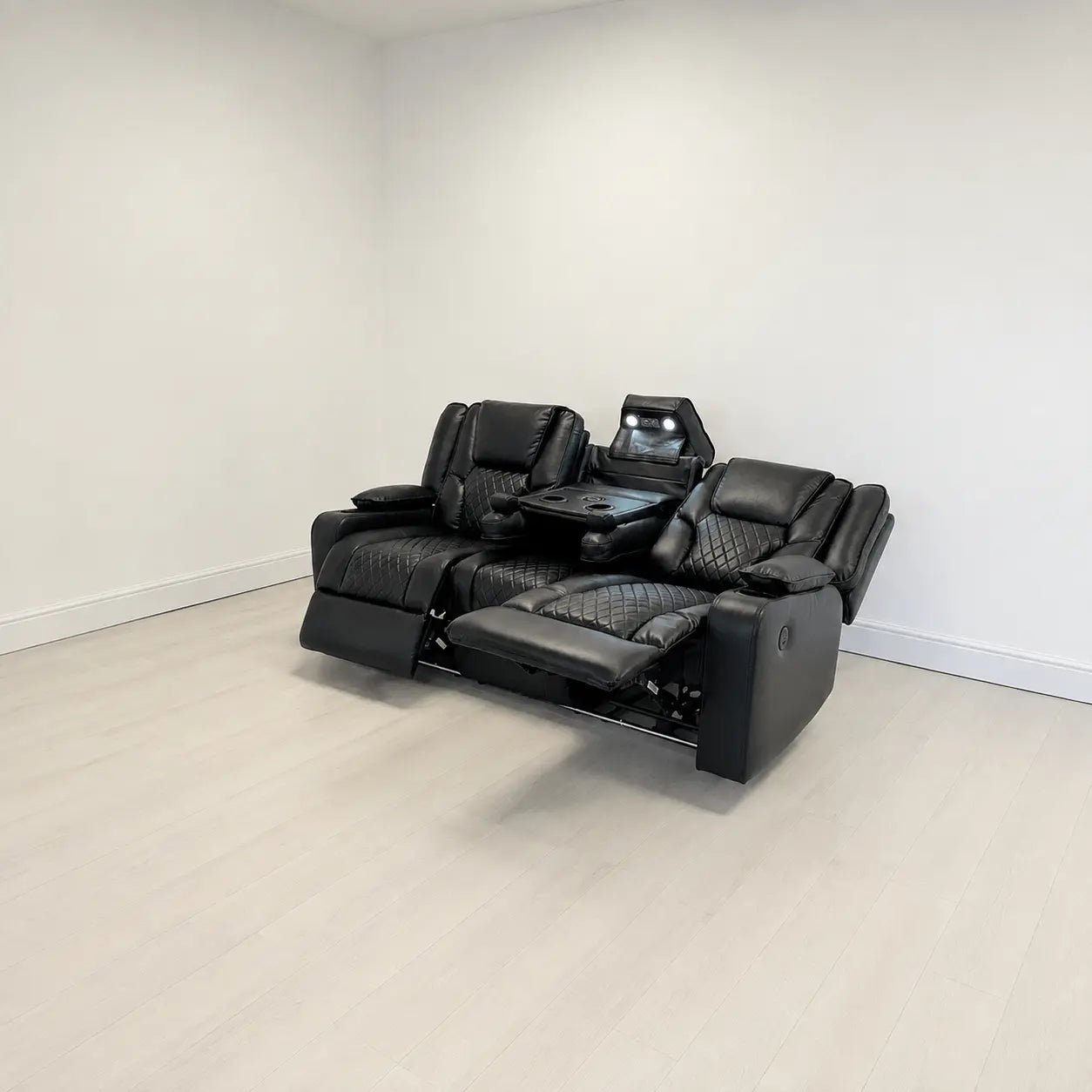 MNS Electric Recliner Orlando 3+2 Sofa Set in Black Aire Leather USB Cup Holder LED
