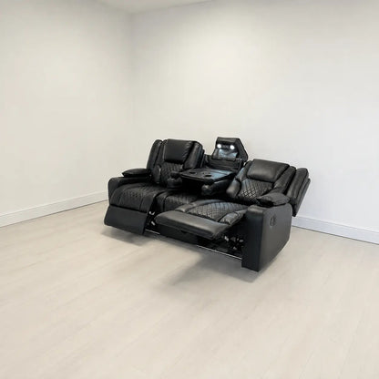 MNS Electric Recliner Orlando 3+2 Sofa Set in Black Aire Leather USB Cup Holder LED