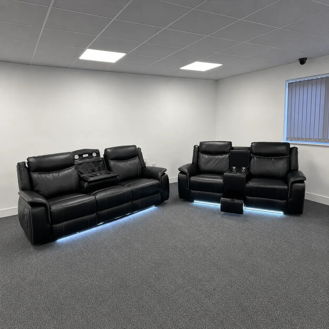 MNS Pradaa Leather Electric Recliner Sofa Set With Cupholders, LED Lights – Bluetooth Speakers – Cooling Cupholders