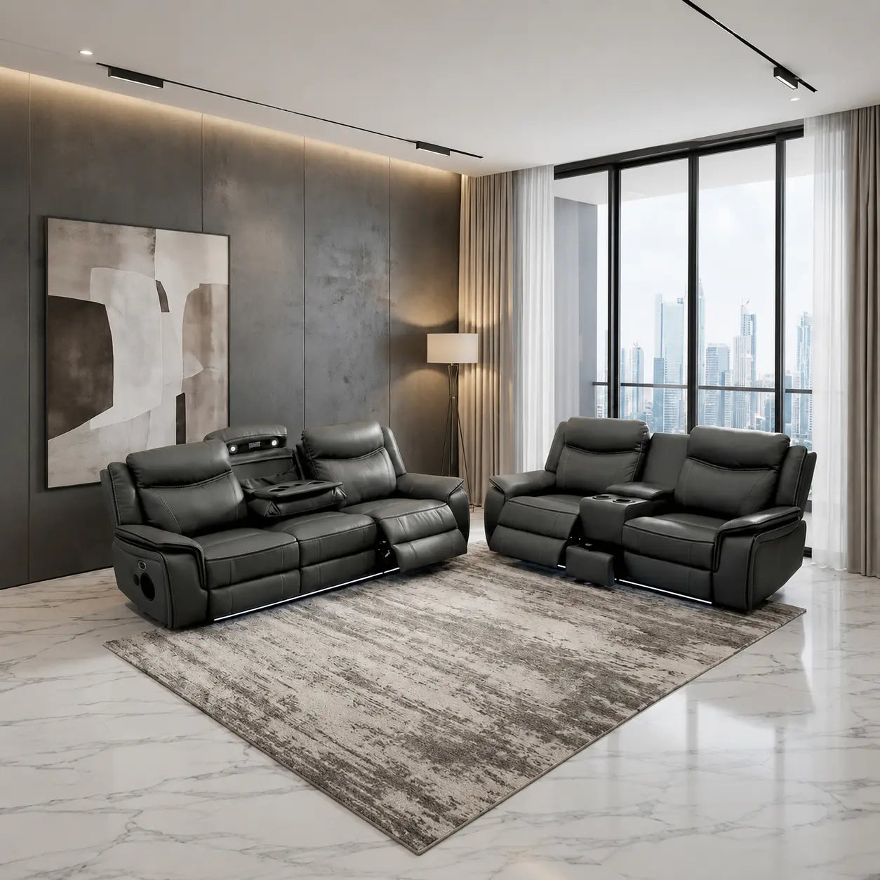 MNS Pradaa Leather Electric Recliner Sofa Set With Cupholders, LED Lights – Bluetooth Speakers – Cooling Cupholders