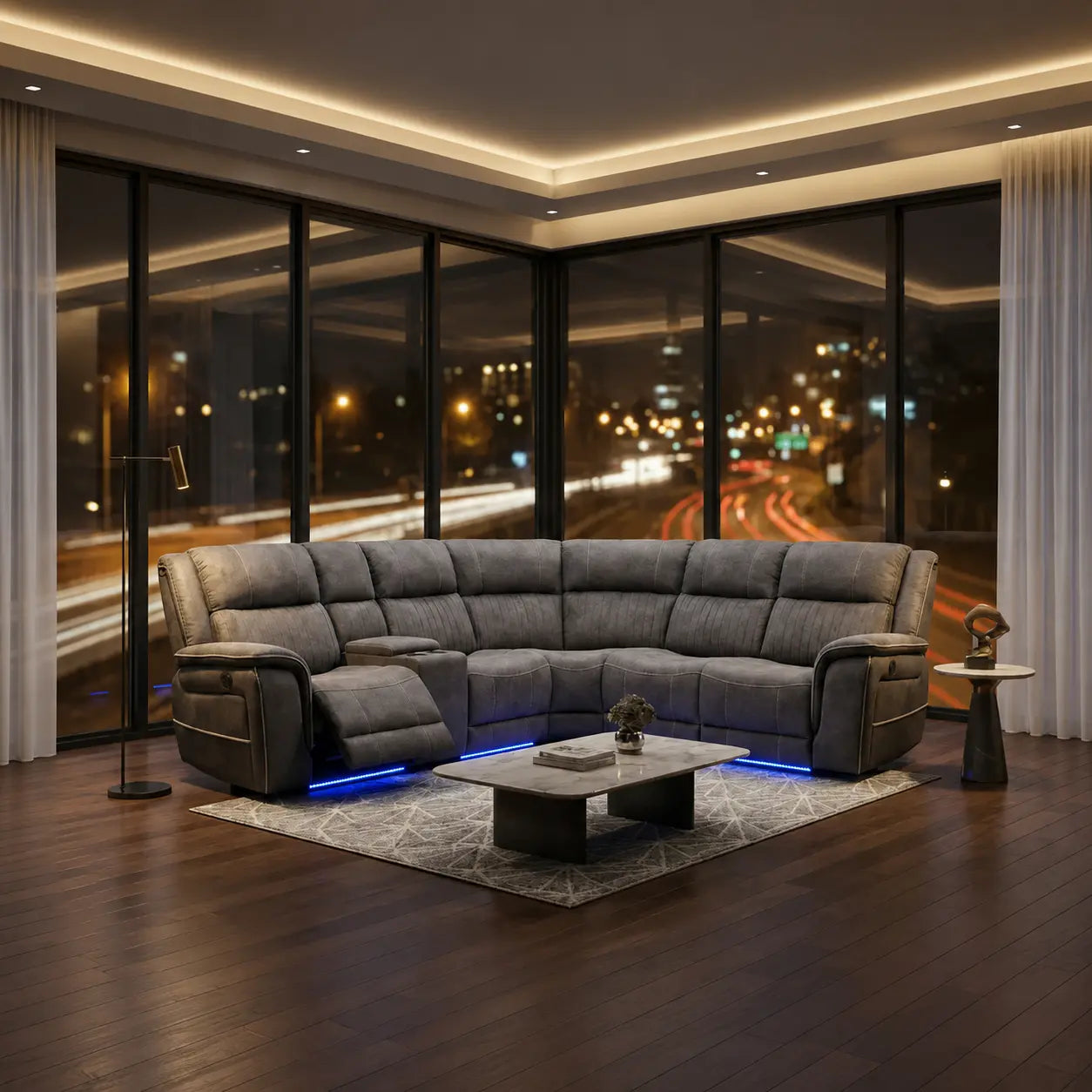 Hanna Electric Recliner Corner Sofa – Soft Grey Micro Fabric – LED Lights & USB Ports