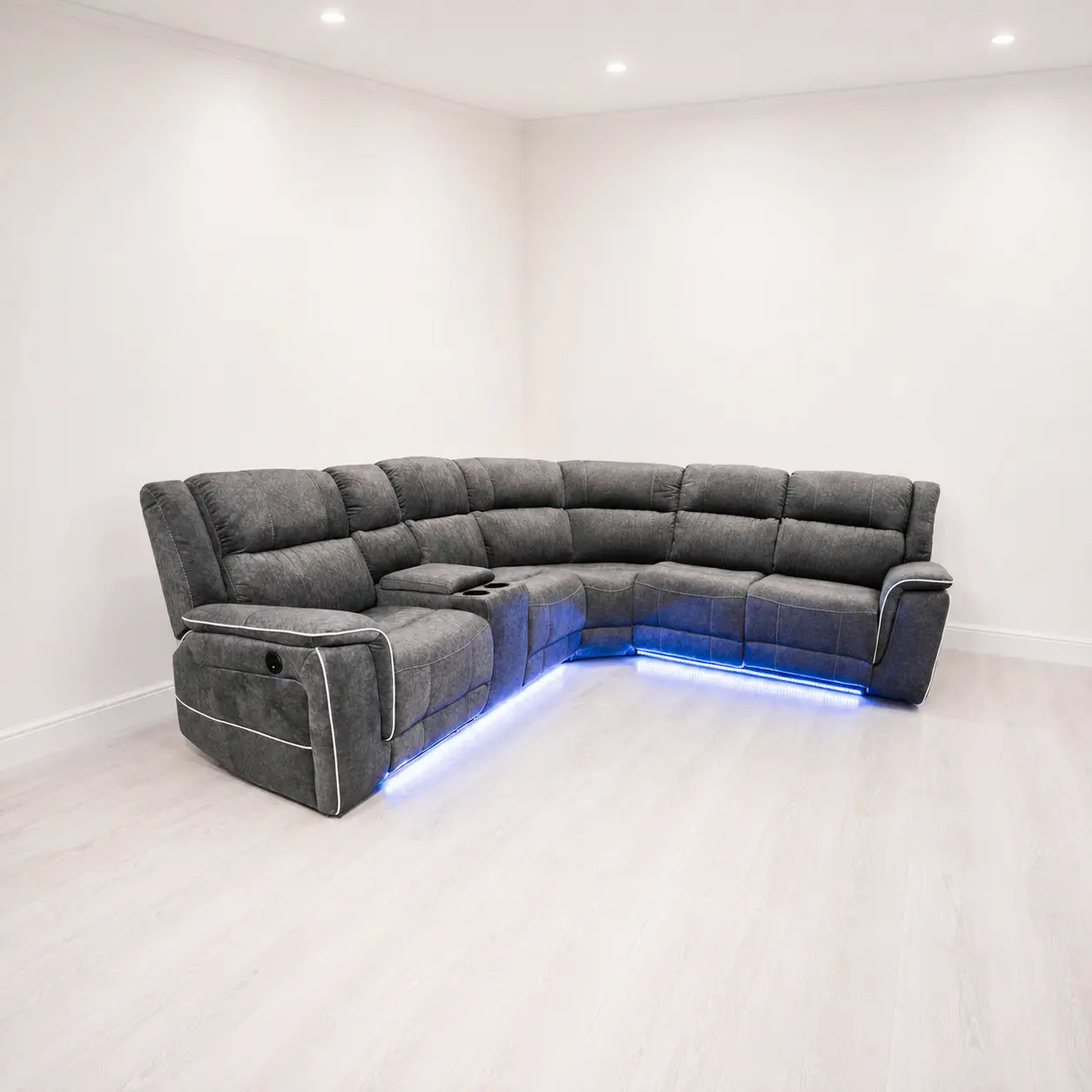 Hanna Electric Recliner Corner Sofa – Soft Grey Micro Fabric – LED Lights & USB Ports