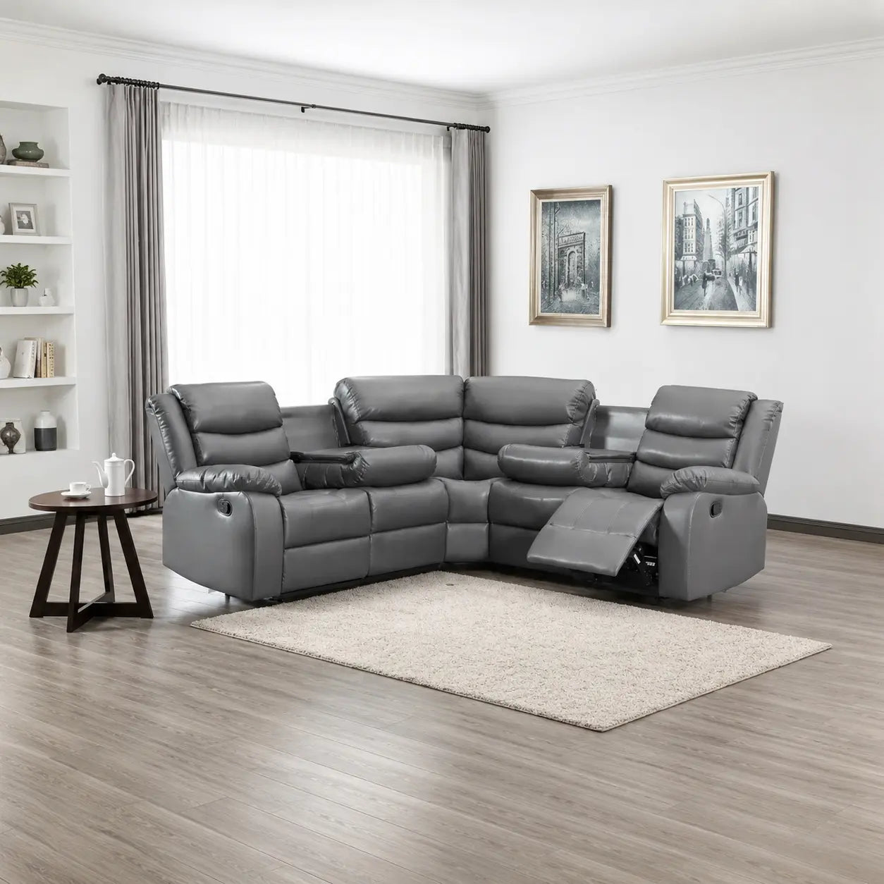 Roma Grey Leather Recliner Corner Sofa With Cup Holders