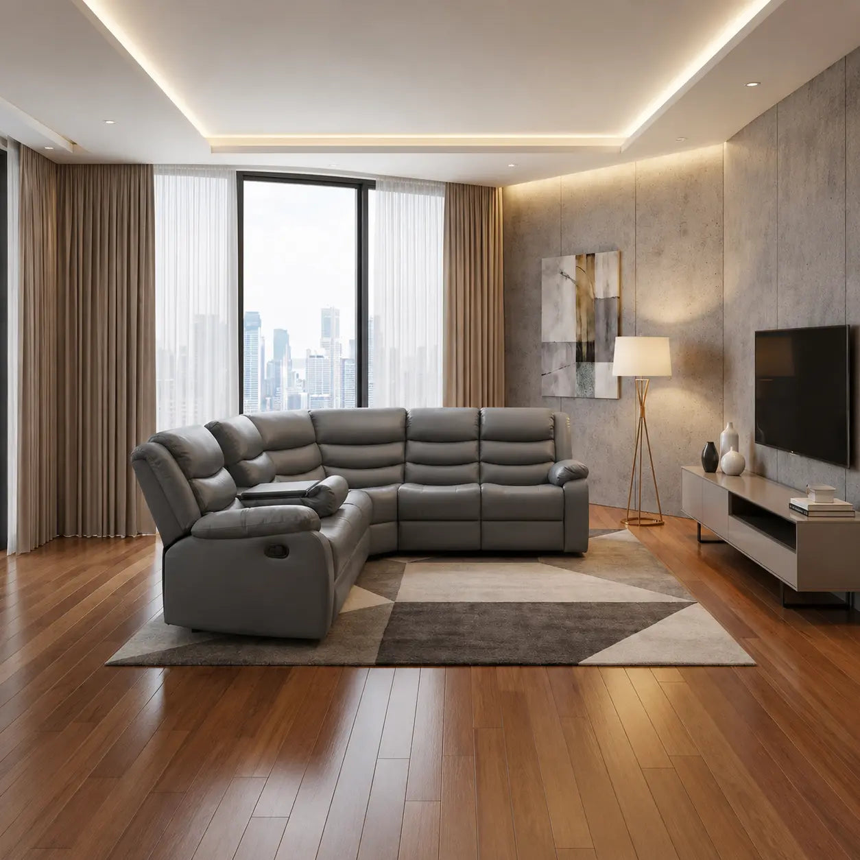 Roma Grey Leather Recliner Corner Sofa With Cup Holders