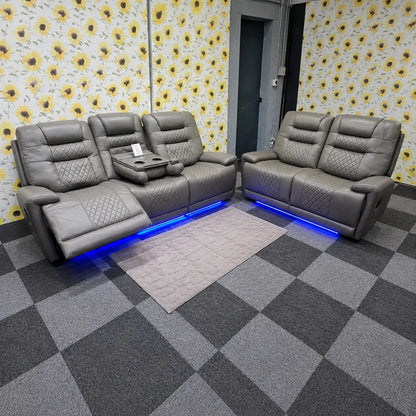 Halifax Electric Massage Recliners. Grey 3 & 2 Seater Set , USB, LED Lights