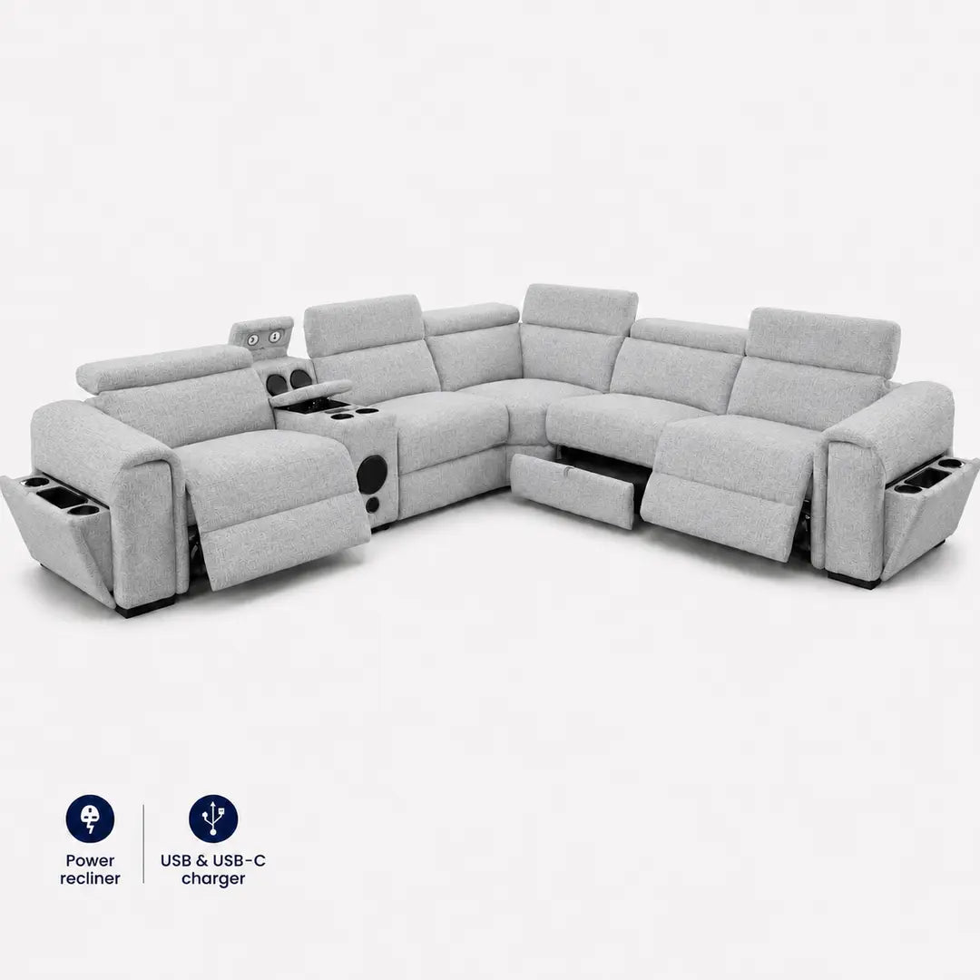 CUBA MUSIC ENT OTE FABRIC GREY ELECTRIC RECLINER CORNER SOFA USB-C-LED STORAGE