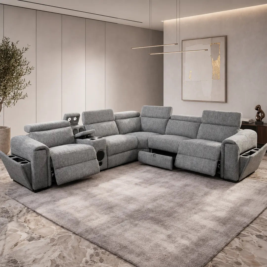 CUBA MUSIC ENT OTE FABRIC GREY ELECTRIC RECLINER CORNER SOFA USB-C-LED STORAGE