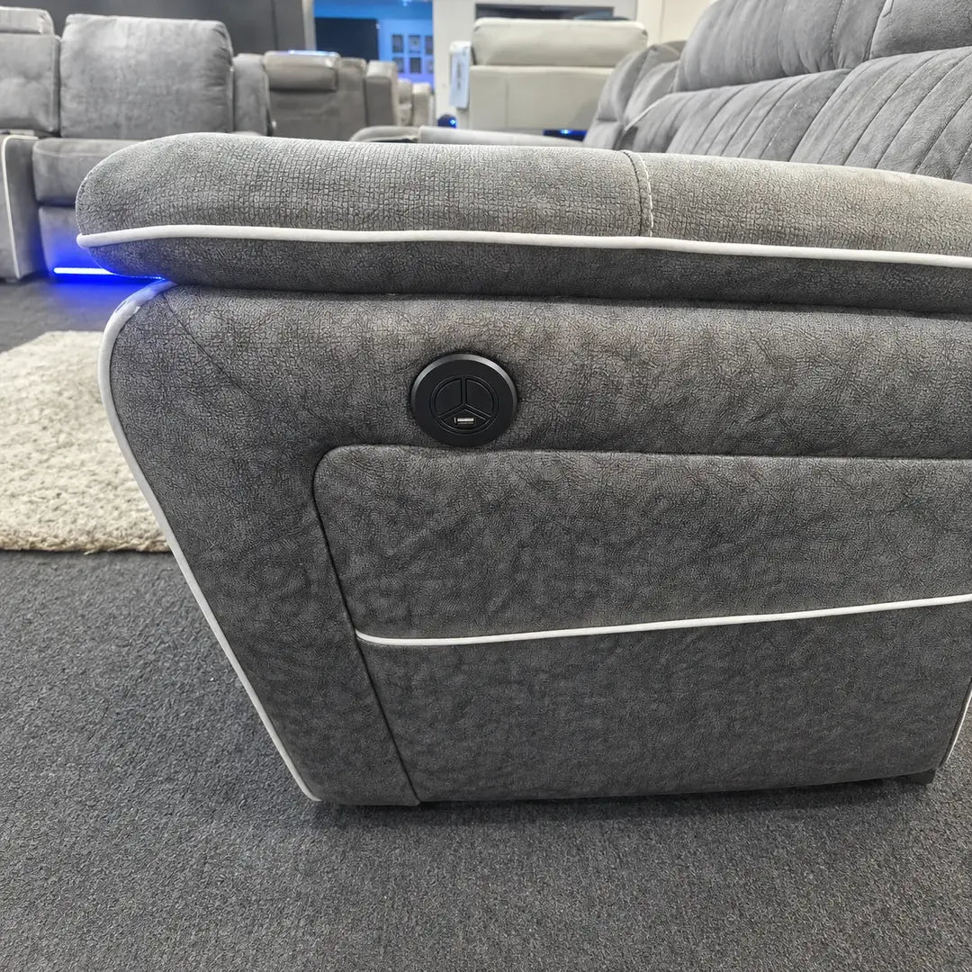 3+2 grey electric recliner sofa set in chenille microfibre fabric, seats 5