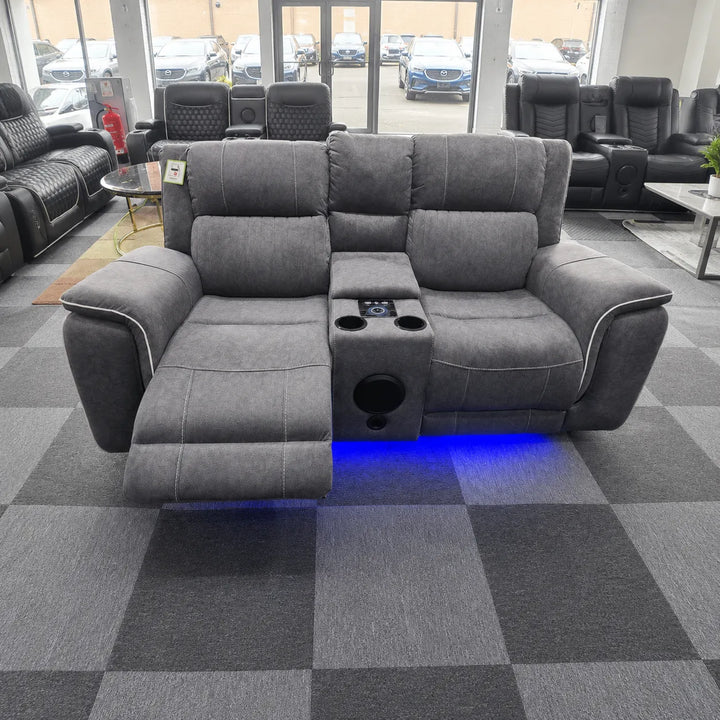 Grey microfibre three seater electric recliner sofa with cup holders and USB ports