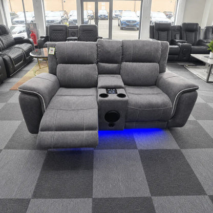 Grey microfibre three seater electric recliner sofa with cup holders and USB ports