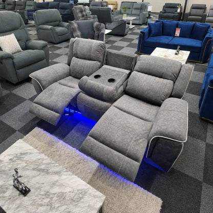 Grey microfibre two seater electric recliner sofa with Bluetooth speakers