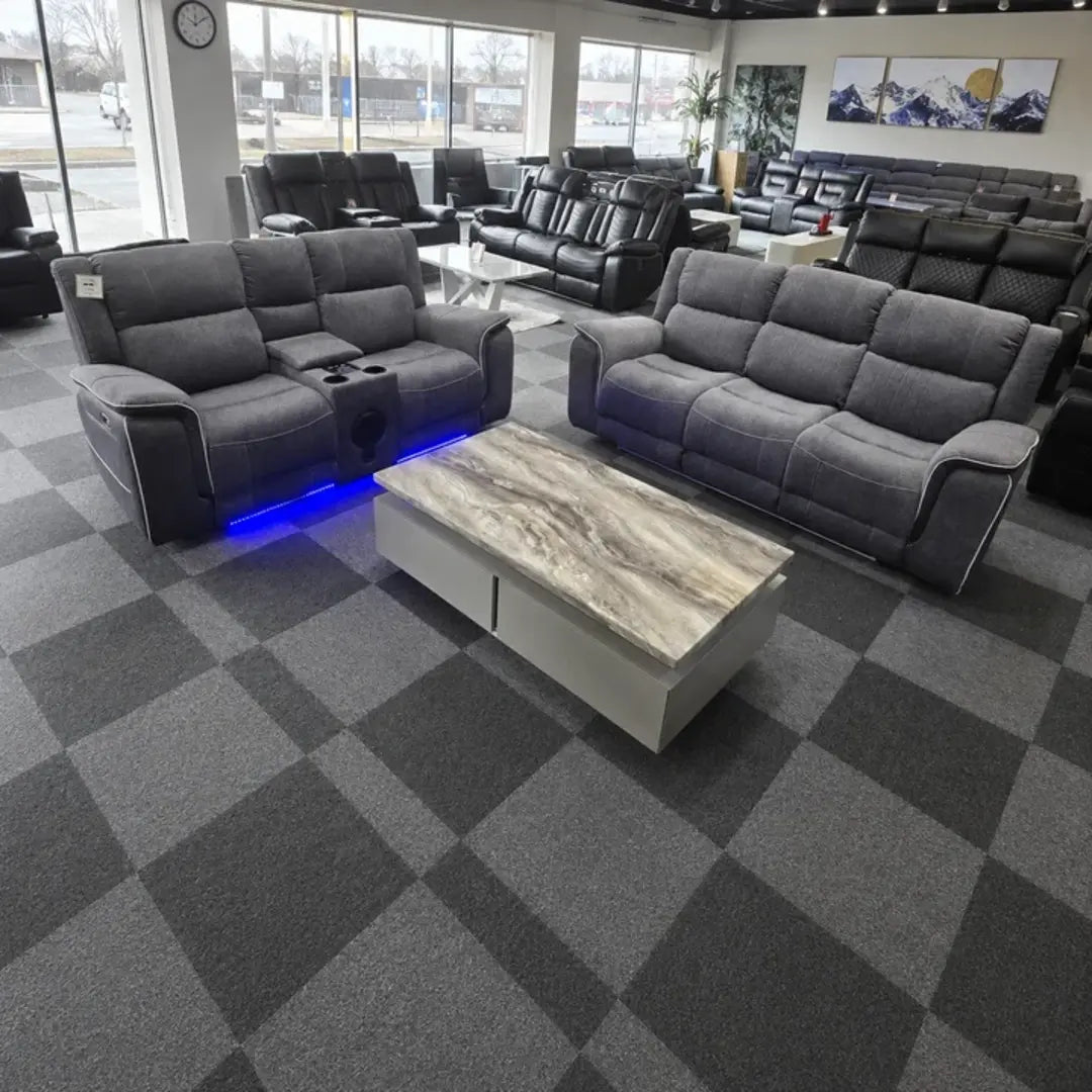 Hannah Music grey microfibre 3+2 electric recliner sofa set with blue LED base lighting