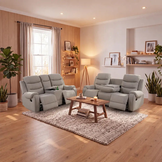 MNS Phoenix Fabric Manual Recliner 3+2 Seater Sofa Set with Cup Holders – Grey