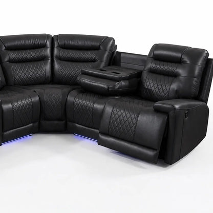 Halifax Leather Corner Sofa with Electric Recliners, LED Lights & Cupholders – Power Recliner with USB Charging Ports – Modern Black Living Room Sofa
