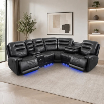 Halifax Leather Corner Sofa with Electric Recliners, LED Lights & Cupholders – Power Recliner with USB Charging Ports – Modern Black Living Room Sofa