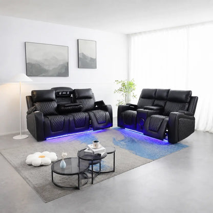 Florida Leather Electric Recliner Sofa Set with Cupholders, LED Lights, Wireless Charging, Bluetooth Speakers, and USB Ports