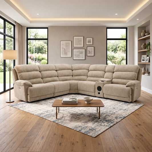 Lakeland Fabric Recliner Corner Sofa, Light Grey, Upholstered with Storage Console| Electric| Bluetooth Fabric
