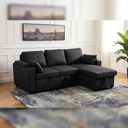Francesca Sofa Bed (Universal) in Grey fabric - USB - Storage - Cuphoders - Bed - Magazine Pocket
