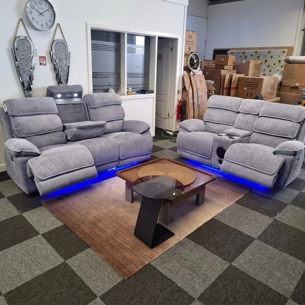 Lakeland Music grey fabric 3+2 electric recliner sofa set with LED lighting