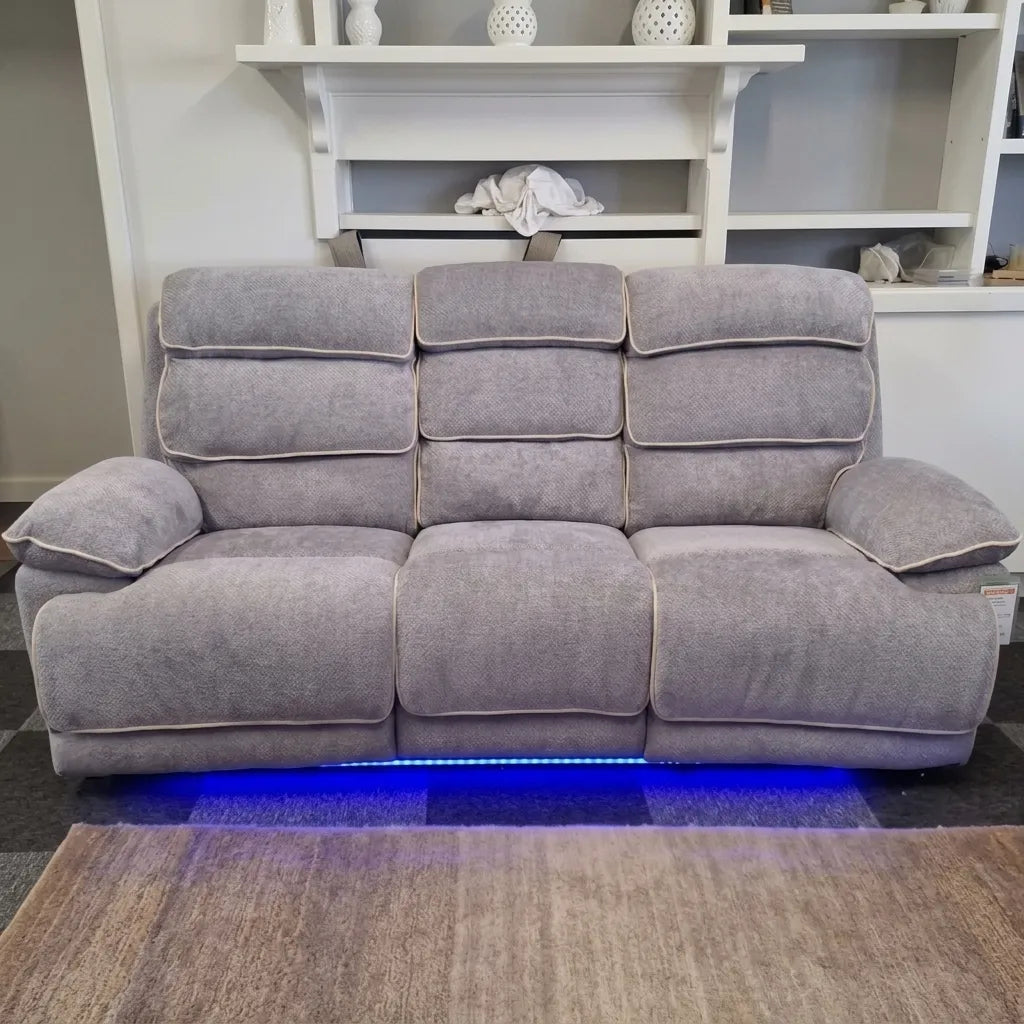Lakeland Music grey recliner sofa set, 225cm three seater and 205cm two seater