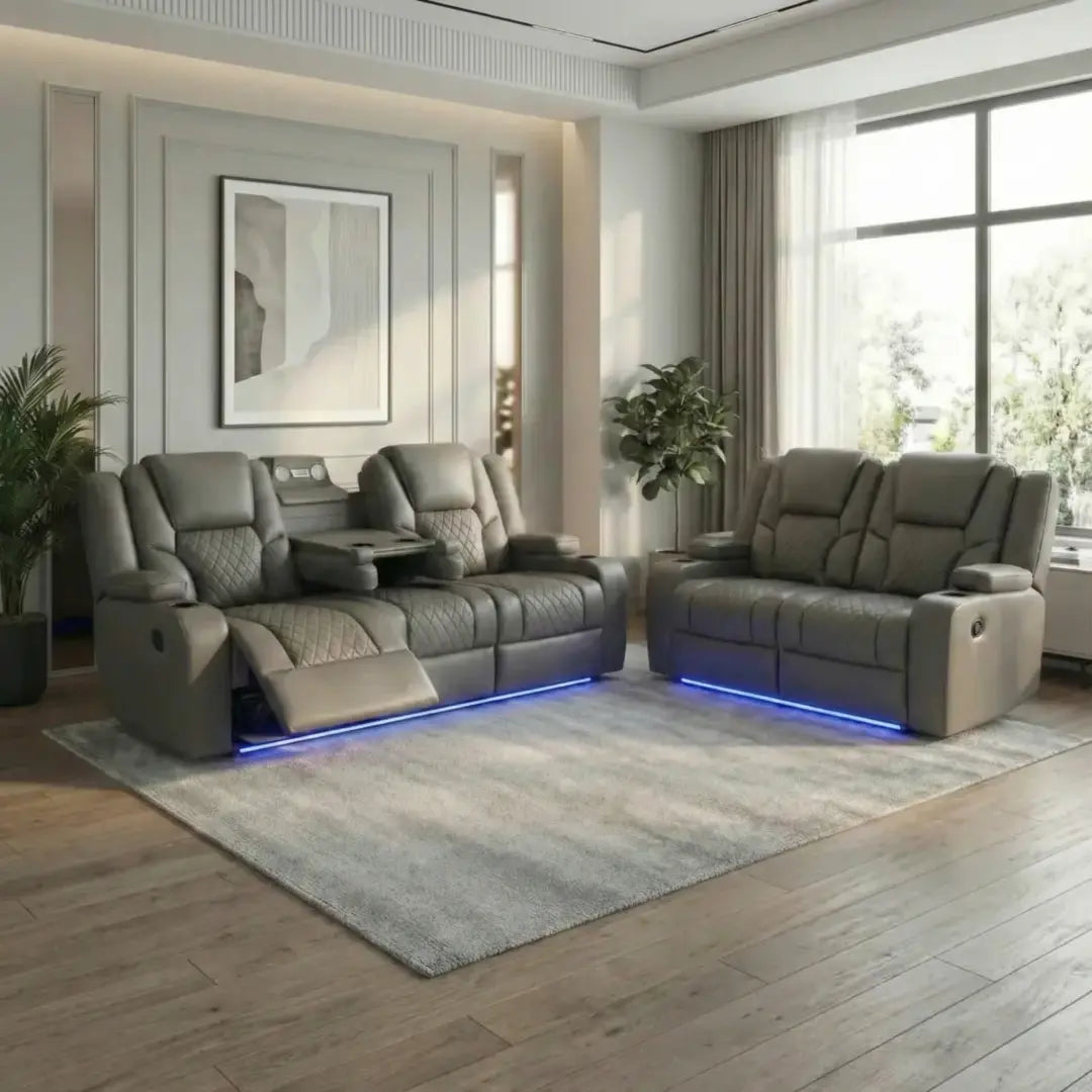 MNS Orlando Electric Recliners 3+2 Seater Leather Sofa (Black, Grey) /LED LIGHTS/WIRELESS CHARGER