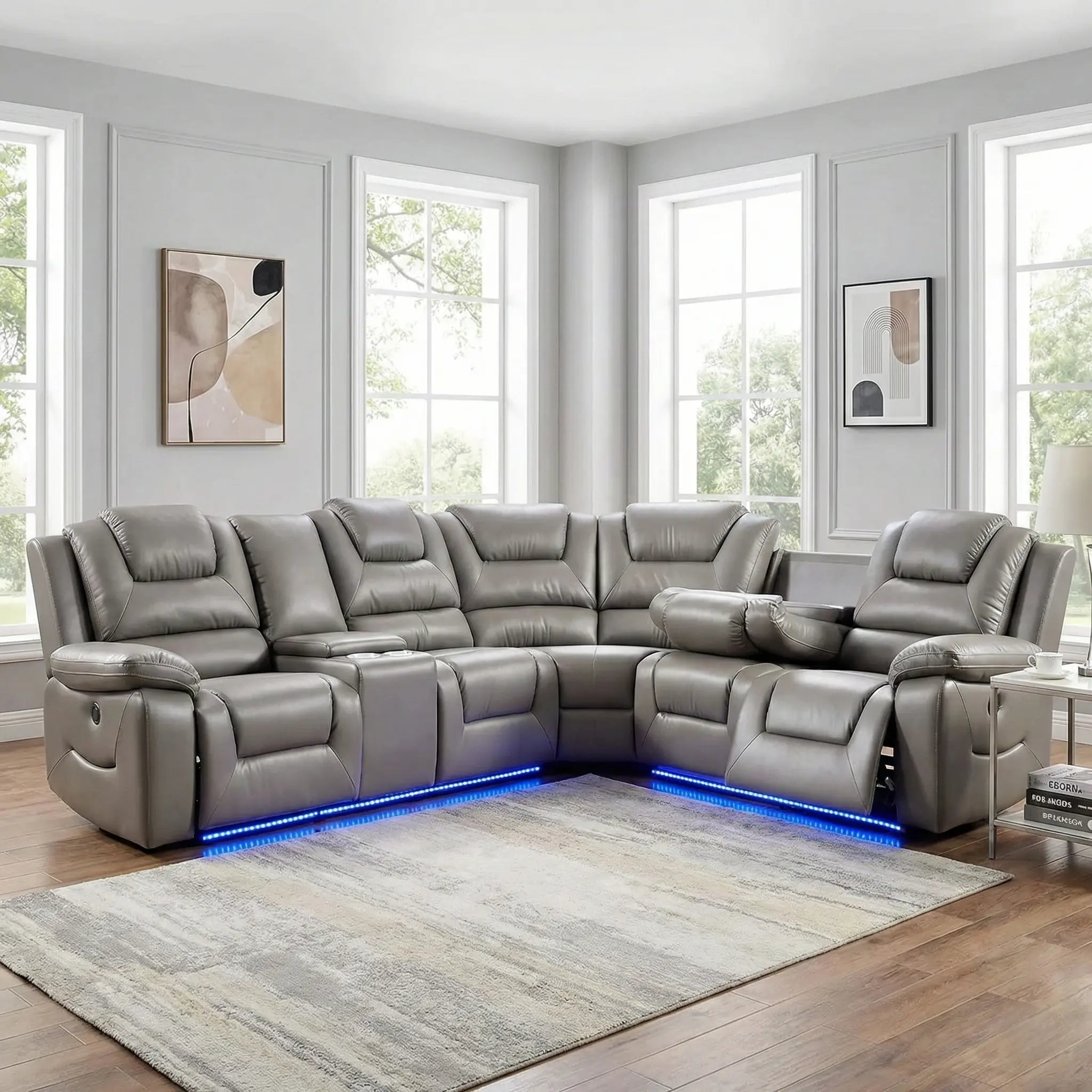 Oxford Black/Grey Leather Electric Recliner Corner Sofa