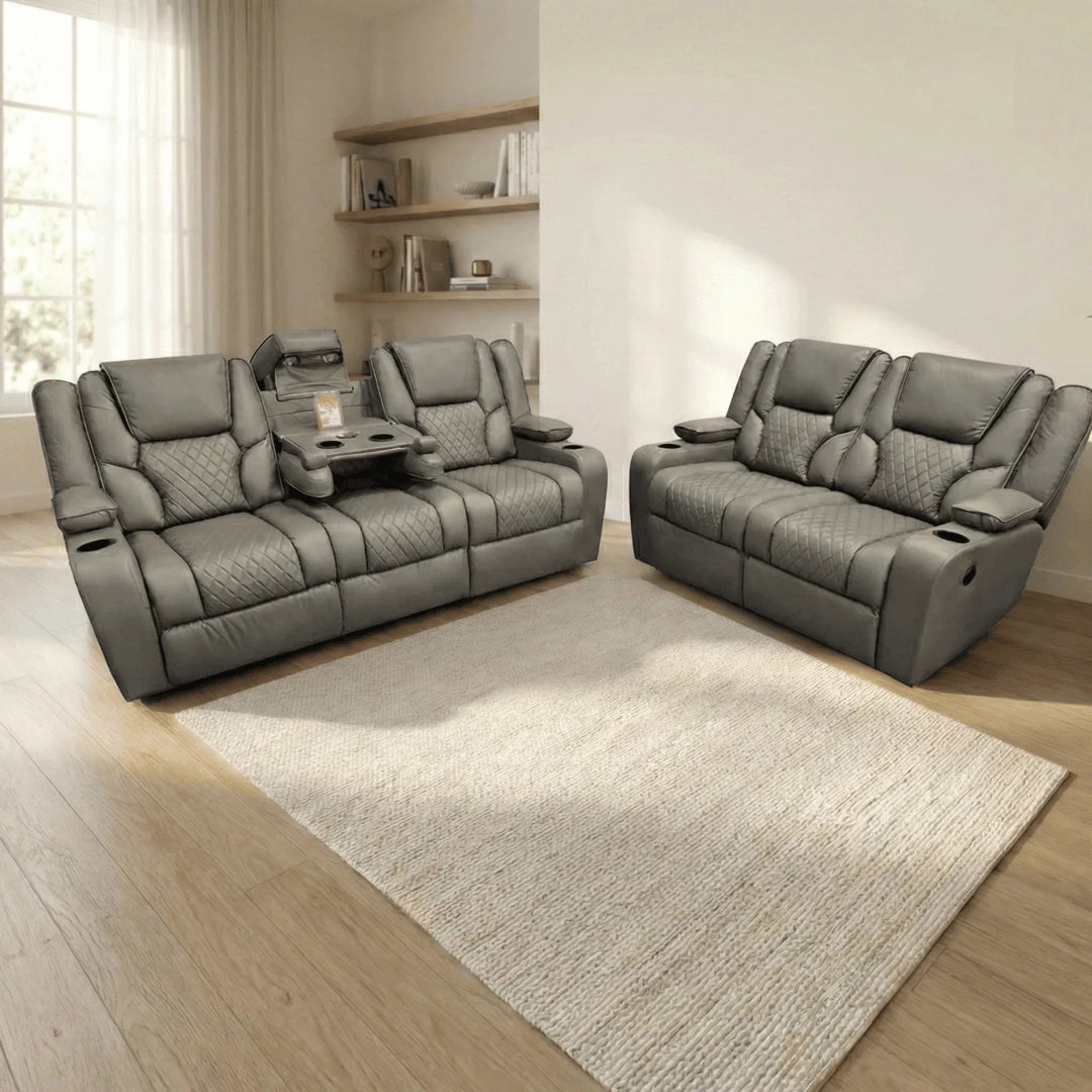 MNS Orlando Electric Recliners 3+2 Seater Leather Sofa (Black, Grey) /LED LIGHTS/WIRELESS CHARGER