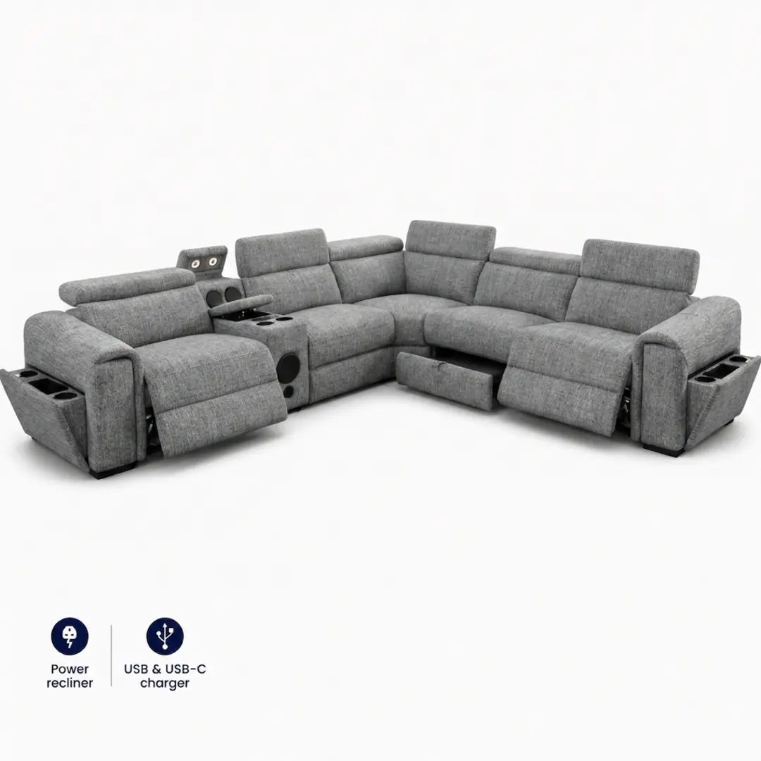 CUBA MUSIC ENT OTE FABRIC GREY ELECTRIC RECLINER CORNER SOFA USB-C-LED STORAGE
